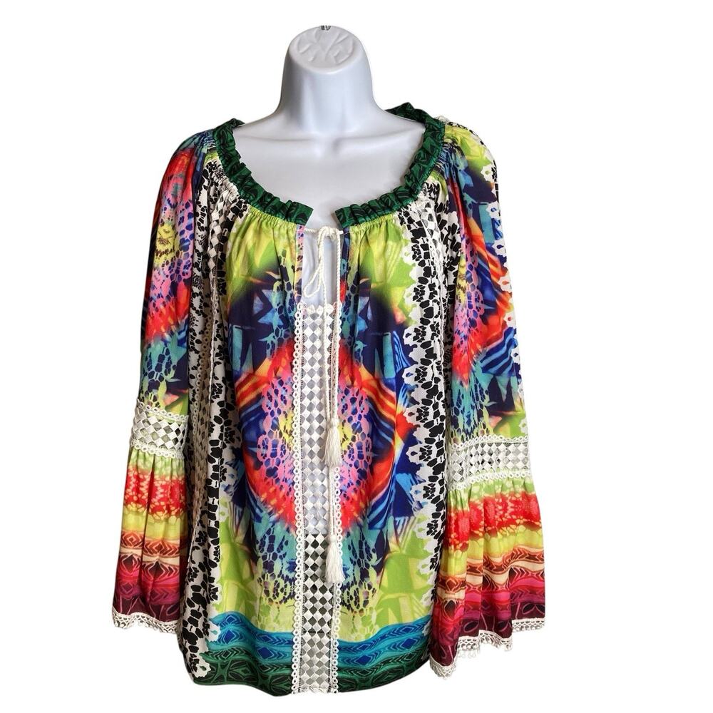 Alberto Makali Women's Rainbow Gypsy Peasant Top Size M‎ Lace Trim Technicolor